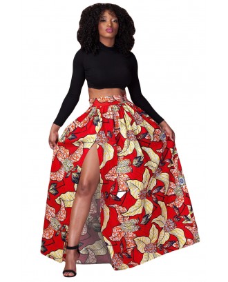Red Floral Printed High Split Maxi Skirt