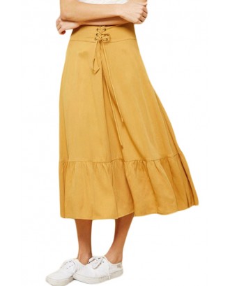 Lace-up High Waist Mustard Ruffle Hem A-line Skirt