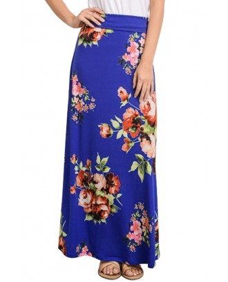 Blue Vibrant Floral Print Long Maxi Skirt