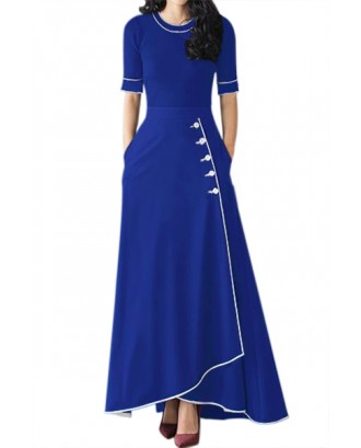 Royal Blue Piped Button Embellished High Waist Maxi Skirt