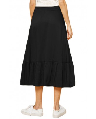 Lace-up High Waist Black Ruffle Hem A-line Skirt