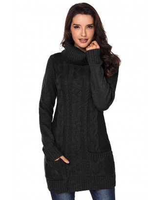 Black Cowl Neck Cable Knit Sweater Dress