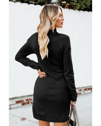 Black Long Sleeve Tie Waist Turtleneck Pullover Sweater Dress