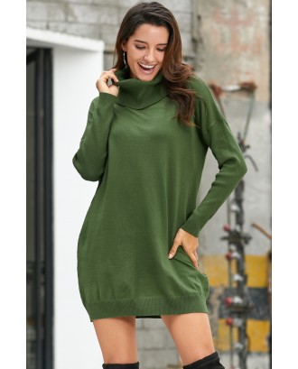 Army Green Ribbed Cowl Neck Lightweight Sweater Dress
