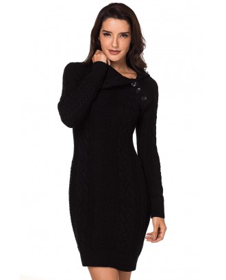 Asymmetric Buttoned Collar Black Bodycon Sweater Dress