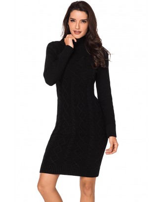 Black Cable Knit High Neck Sweater Dress