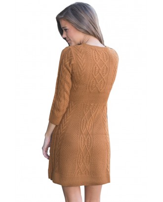 Brown Cable Knit Fitted 3/4 Sleeve Sweater Dress