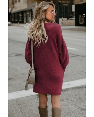Red Autumn Winter Long Lantern Sleeve Knitted Sweater Dress