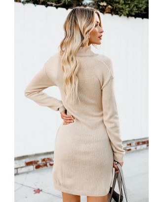 Apricot Long Sleeve Tie Waist Turtleneck Pullover Sweater Dress