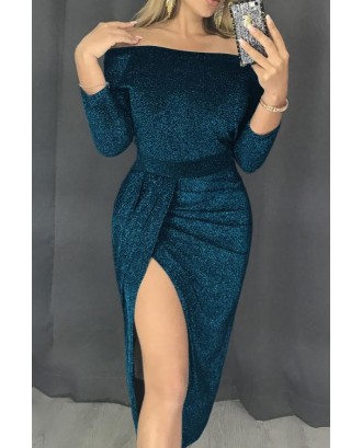 Blue Metallic Glitter Off Shoulder Formal Dress