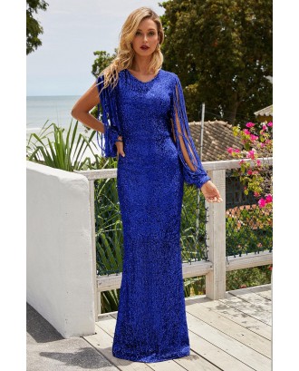 Blue Sequin Fringe Sleeve Party Maxi Evening Dress