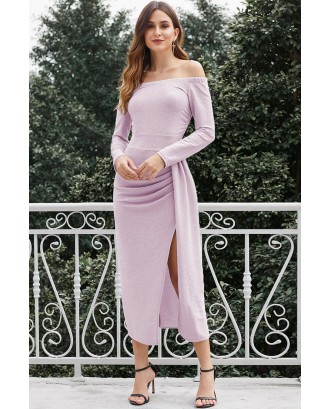 Light Purple Pink Metallic Glitter Off Shoulder Formal Dress