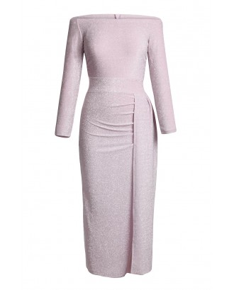 Light Purple Pink Metallic Glitter Off Shoulder Formal Dress