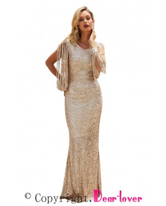 Apricot Sequin Fringe Sleeve Party Maxi Evening Dress