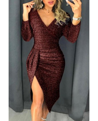 Red Glitter Ruched Thigh Slit Party Metallic Dress