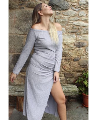 Gray Metallic Glitter Off Shoulder Formal Dress