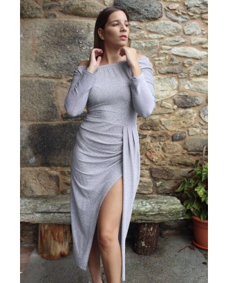 Gray Metallic Glitter Off Shoulder Formal Dress