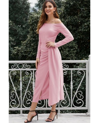 Pink Metallic Glitter Off Shoulder Formal Dress