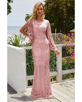 Pink Sequin Fringe Sleeve Party Maxi Evening Dress