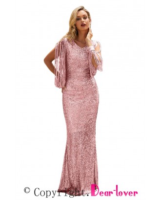 Pink Sequin Fringe Sleeve Party Maxi Evening Dress