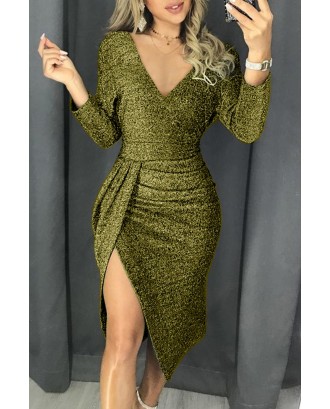 Green Glitter Ruched Thigh Slit Party Metallic Dress