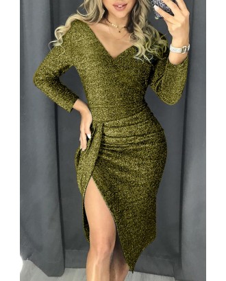 Green Glitter Ruched Thigh Slit Party Metallic Dress