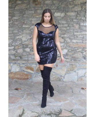 Black Sequin Mesh Cutout Apparel Club Dress