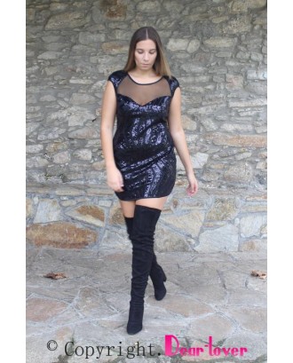 Black Sequin Mesh Cutout Apparel Club Dress