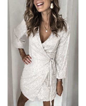 Silver Sequin Wrap Dress with Sash