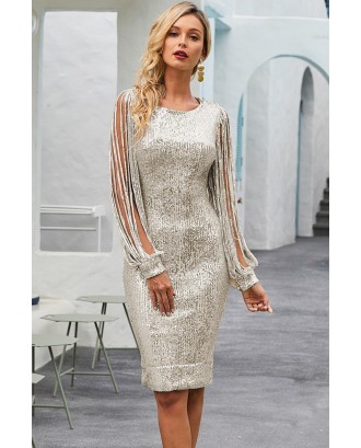 Silver Sequin Tassel Sleeve Bodycon Evening Dress