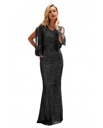 Black Sequin Fringe Sleeve Party Maxi Evening Dress