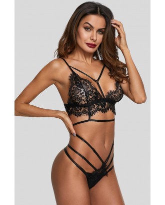 Black Lace Strappy See Through Lingerie Set