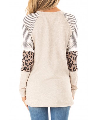 Khaki Striped and Leopard Color Block Sleeves Top