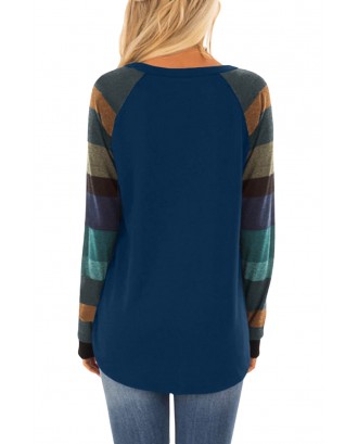 Color Block Long Sleeves Navy Pullover Top