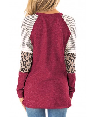 Red Striped and Leopard Color Block Sleeves Top