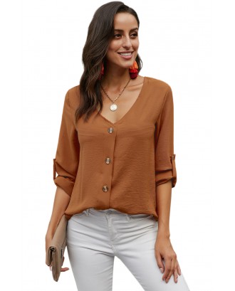 Orange Button Detail Roll up Sleeve Blouse