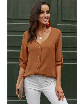 Orange Button Detail Roll up Sleeve Blouse