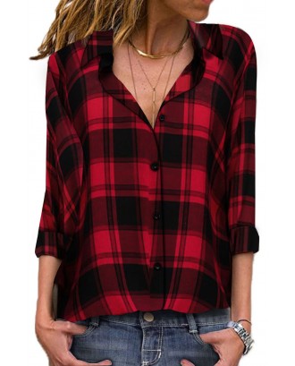 Red V Neck Roll up Sleeve Button Down Plaid Pattern Shirt