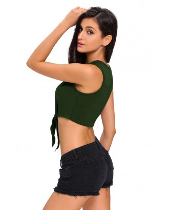 Army Green Tie Front Sleeveless Crop Top