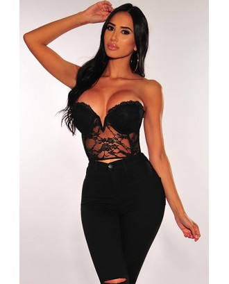 Black Lace Bustier Plunge Strapless Padded Crop Top