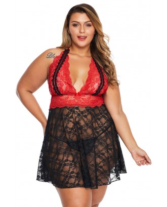 Red Apparel Lace Backless Halter Plus Size Babydoll