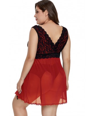 Red Lace Covered Tulle Plus Size Babydoll