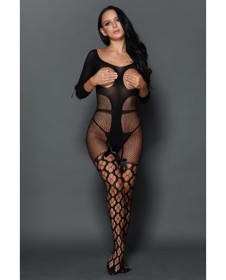 Apparel Open Cup Fishnet Off-shoulder Bodystocking with Bow