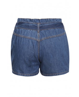 Blue Paper Bag Waist Buttoned Denim Shorts