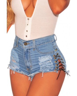 Blue Denim Ripped Lace Up Sides High Waist Shorts
