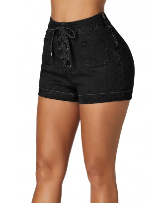 Black Lace Up Front Cotton Jean Shorts