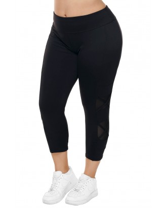 Black Crisscross Mesh Cutout Plus Size Yoga Pants