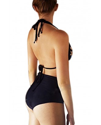 Black Embroidery Mesh Splicing High-waisted Swimsuit Swimwear
