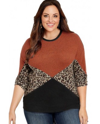 Orange Plus Size Animal Print Splice Long Sleeve Pullover Sweatshirt