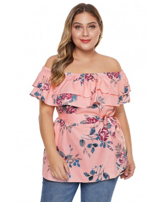 Pink Plus Size Floral Tiered Off the Shoulder Top